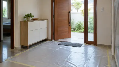 Foyer dengan lantai ditutup pelindung sebelum renovasi