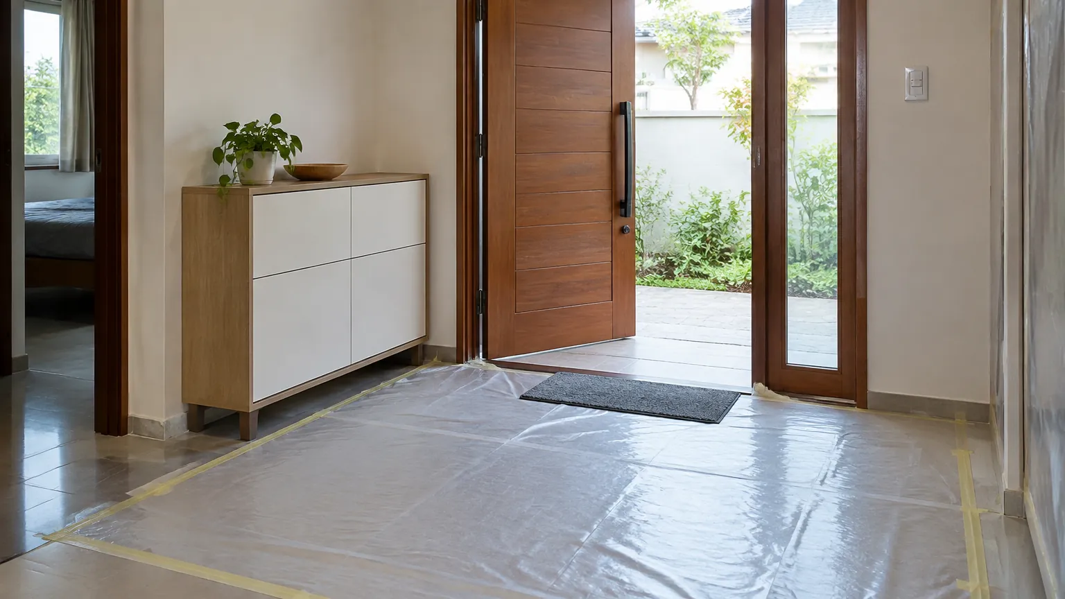 Foyer dengan lantai ditutup pelindung sebelum renovasi