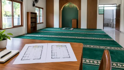Ruang musala dengan karpet salat dan gambar rencana di meja