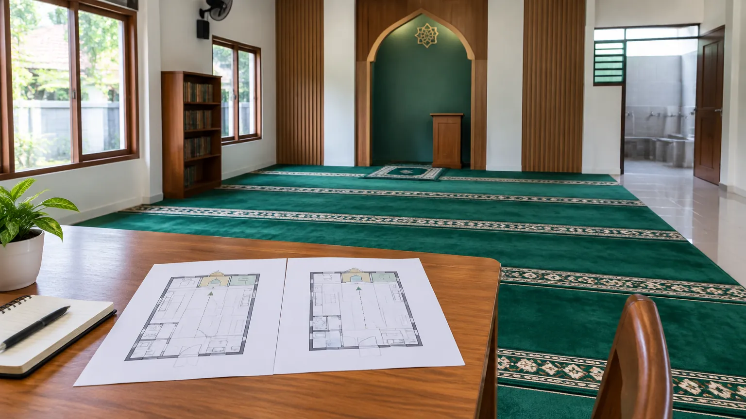 Ruang musala dengan karpet salat dan gambar rencana di meja