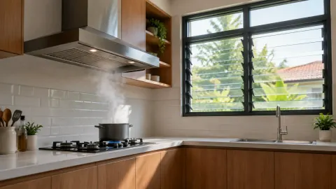 Dapur dengan jendela jalusi dan pengisap asap di atas kompor