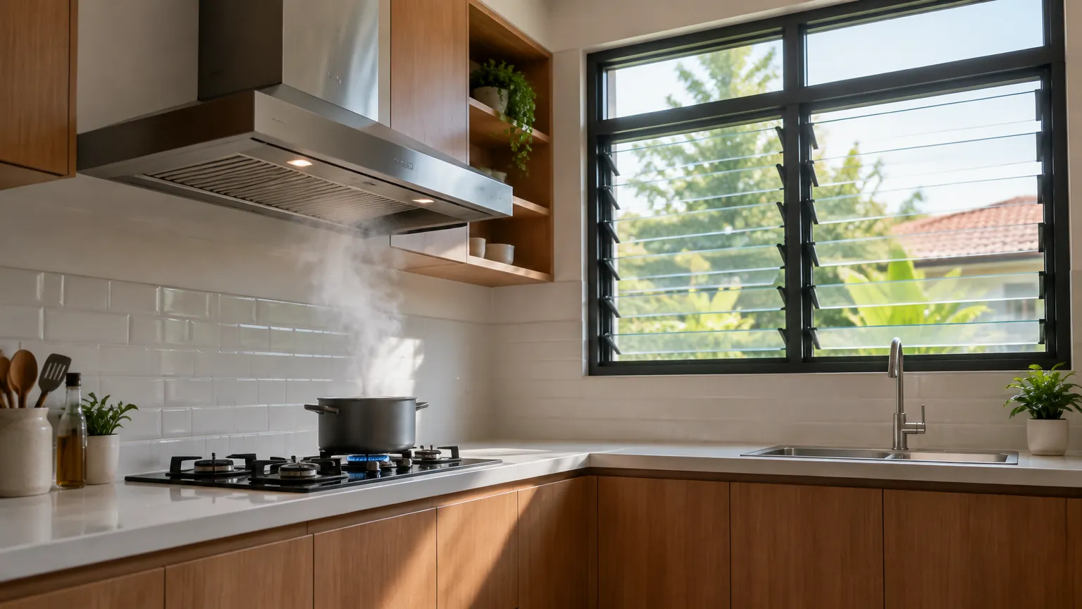 Dapur dengan jendela jalusi dan pengisap asap di atas kompor