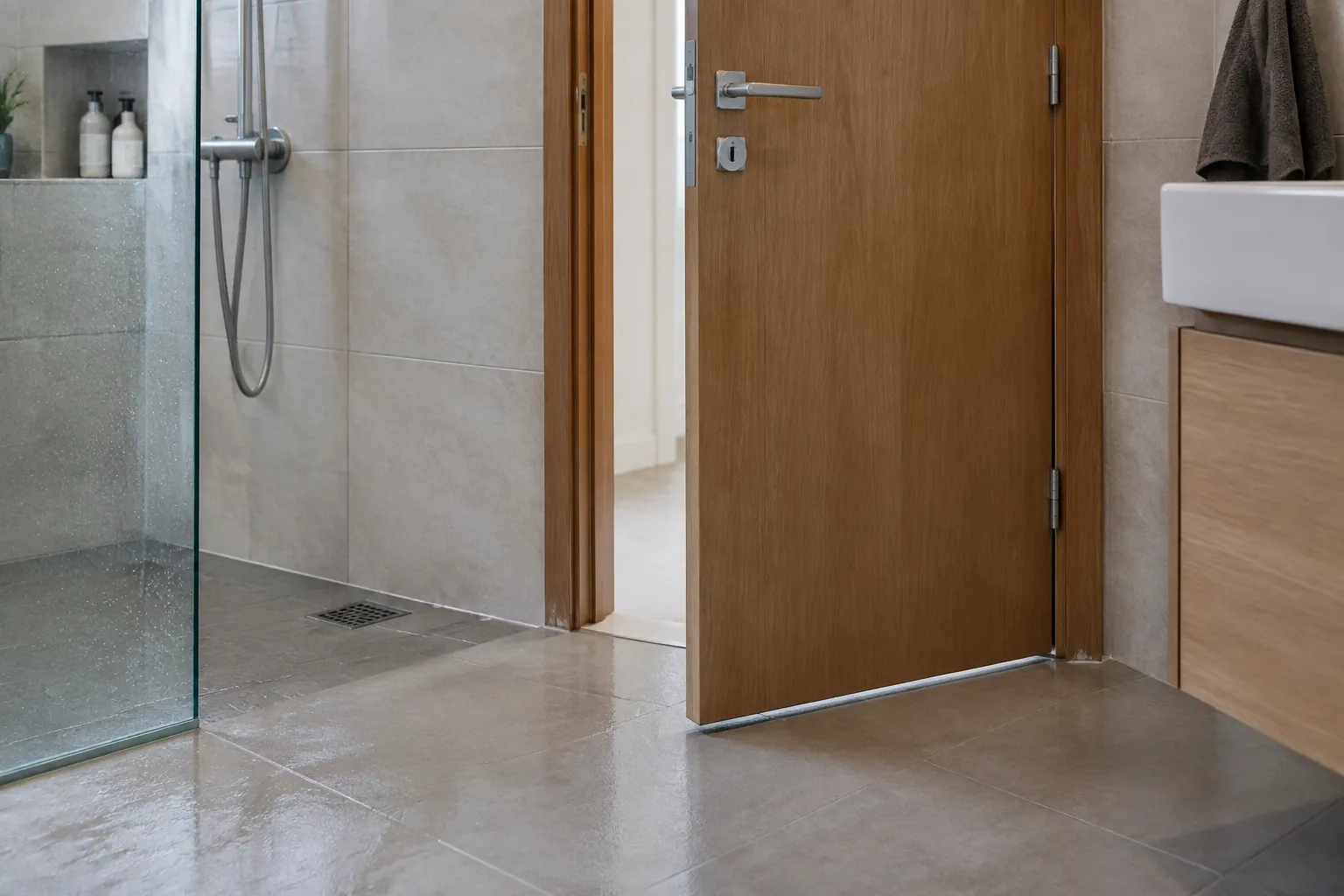 Pintu kayu kamar mandi terbuka ke area wastafel