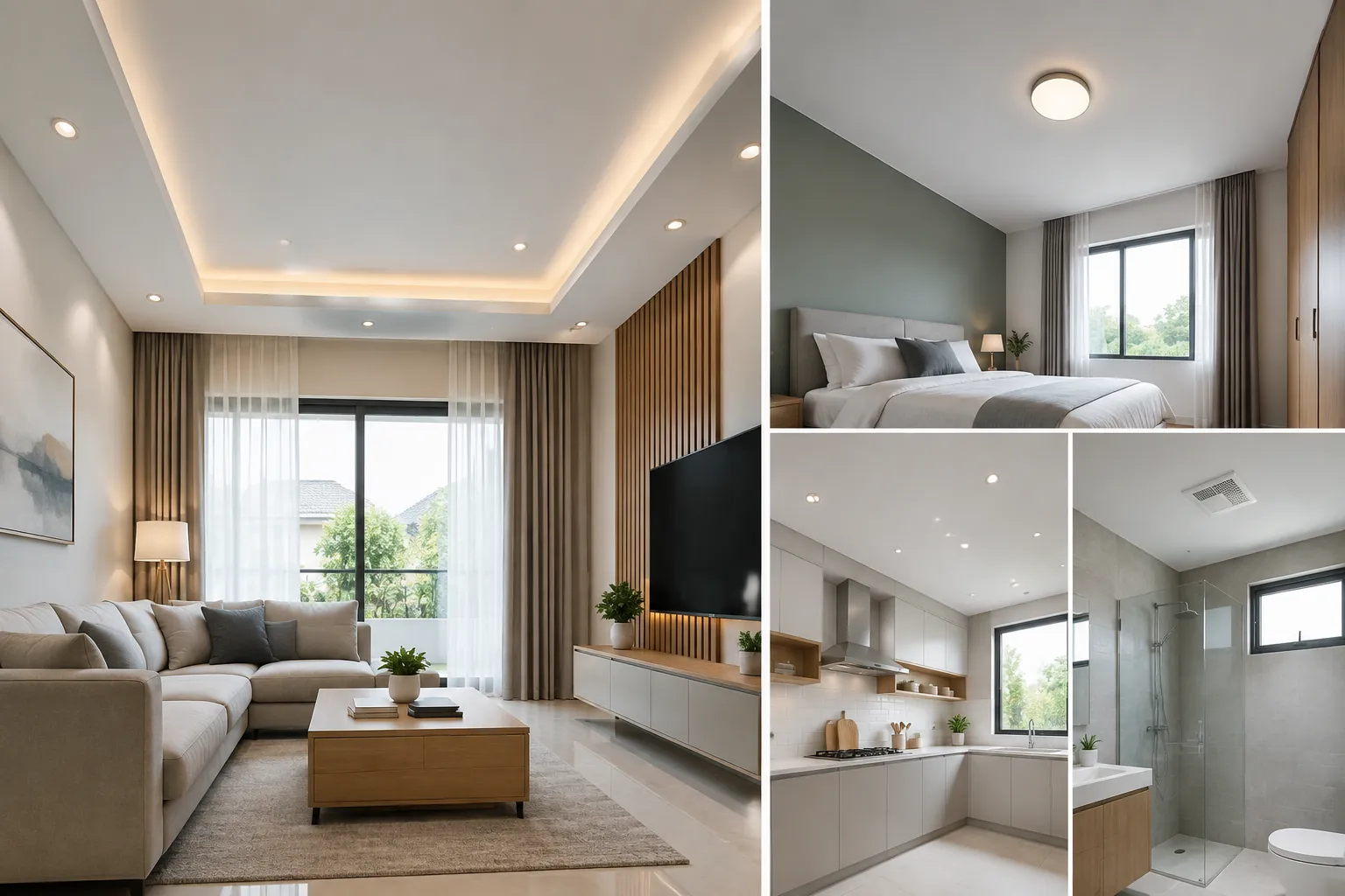 Contoh plafon di ruang keluarga, kamar, dan dapur ditampilkan bersama