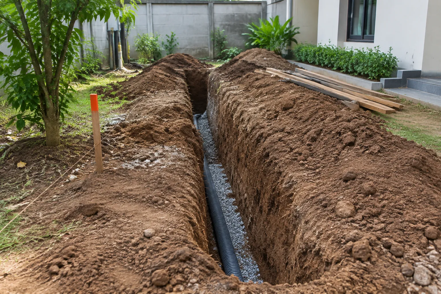 Galian pipa drainase terbuka di halaman
