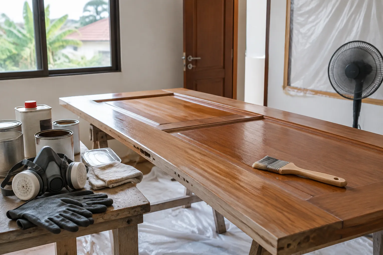 Daun pintu kayu di atas meja dengan alat finishing