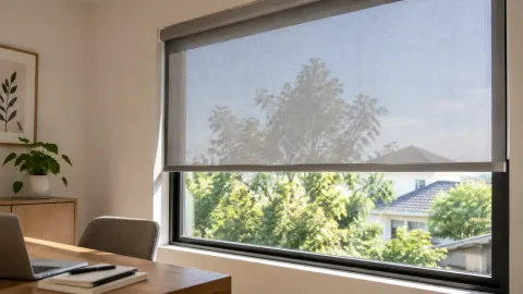 Roller blind terpasang pada jendela ruang kerja
