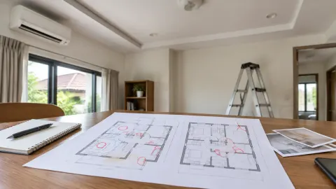Rencana plafon dan tangga kerja di ruang rumah