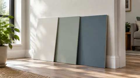 Tiga papan sampel warna bersandar pada dinding di atas lantai kayu dengan cahaya dari samping.