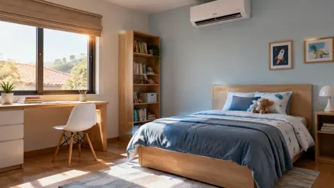 Kamar anak dengan pendingin udara, tempat tidur, dan meja belajar