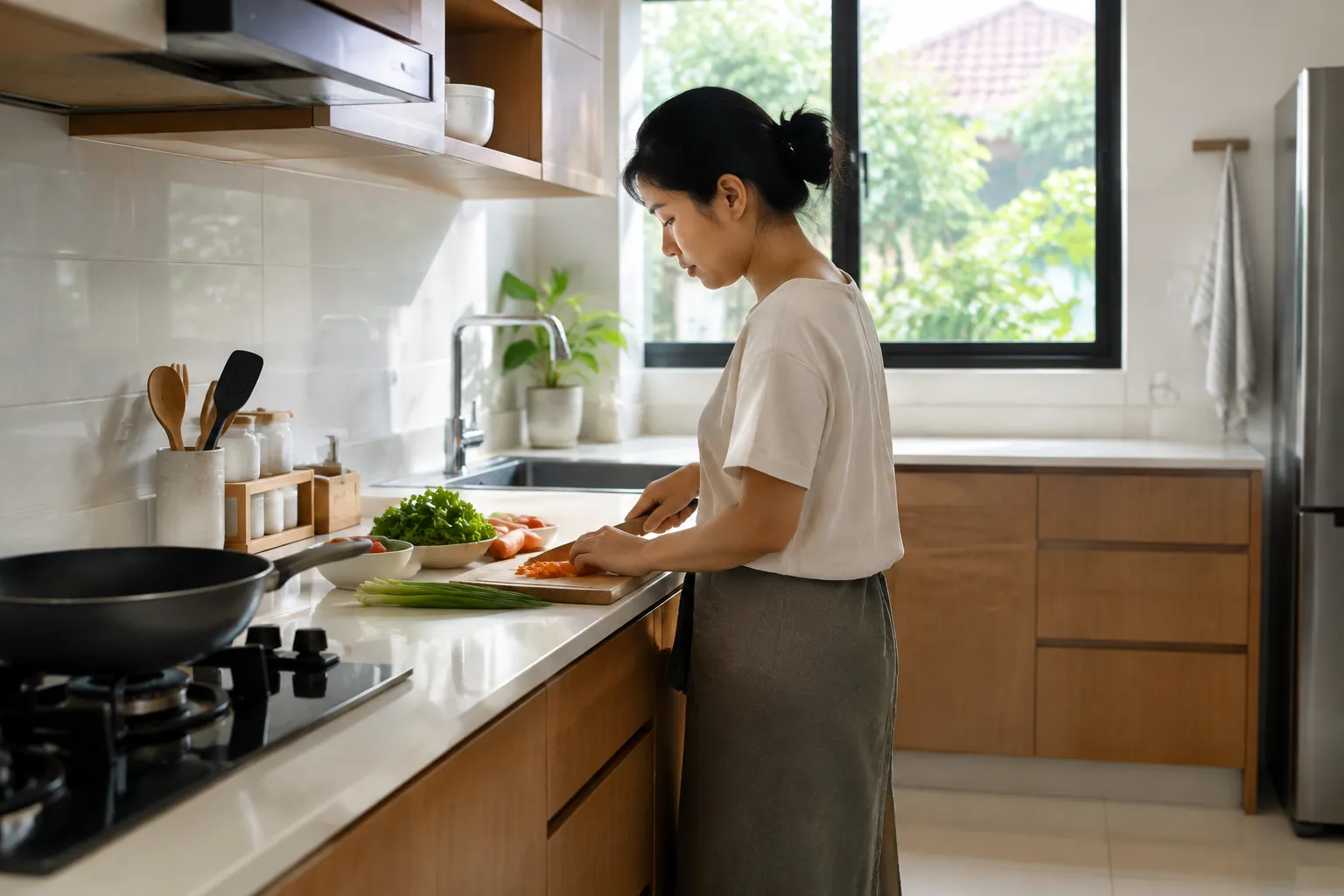 Seseorang menyiapkan bahan makanan pada meja dapur