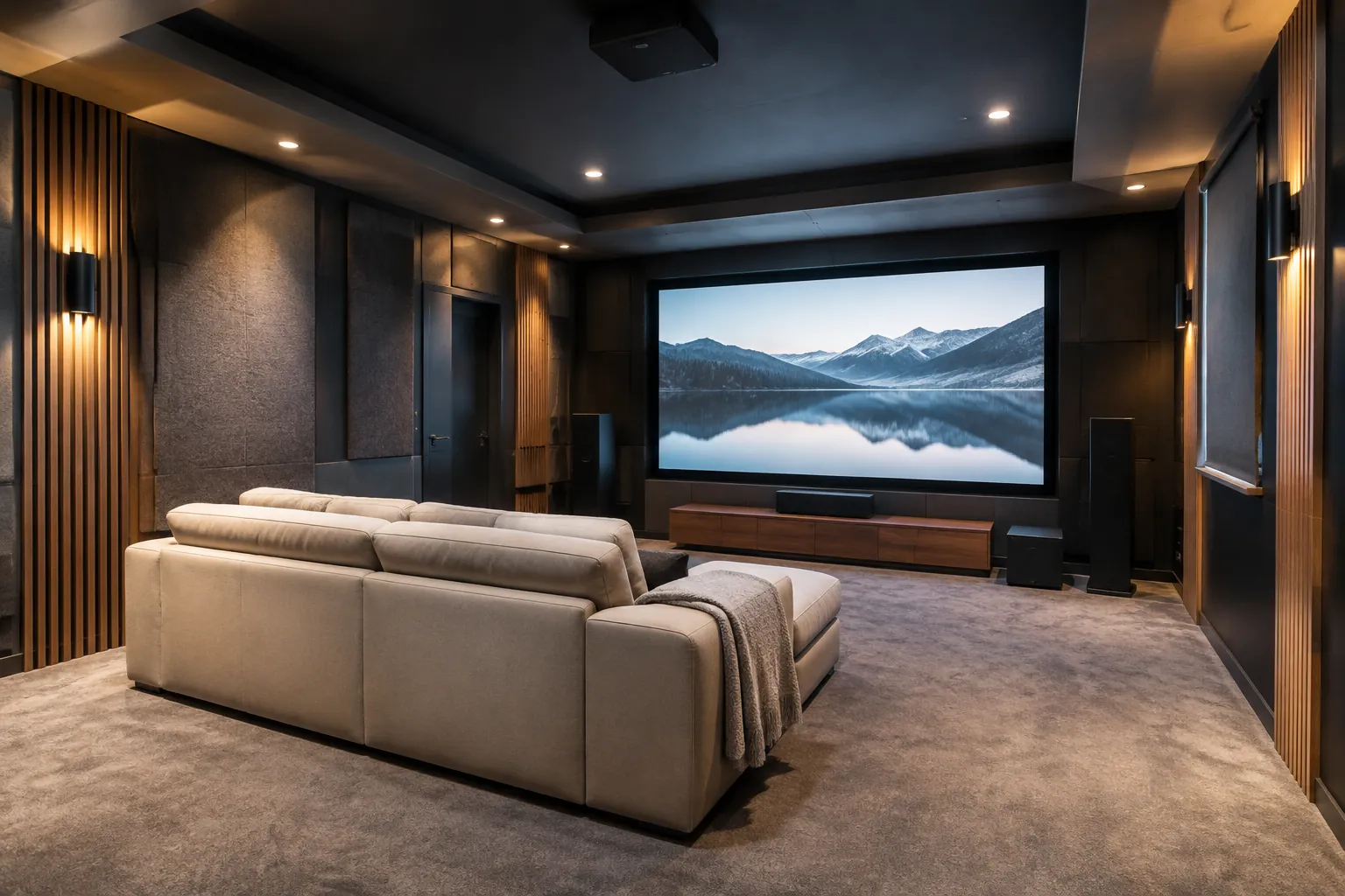 Ruang home theater dengan panel dinding gelap dan plafon berlapis