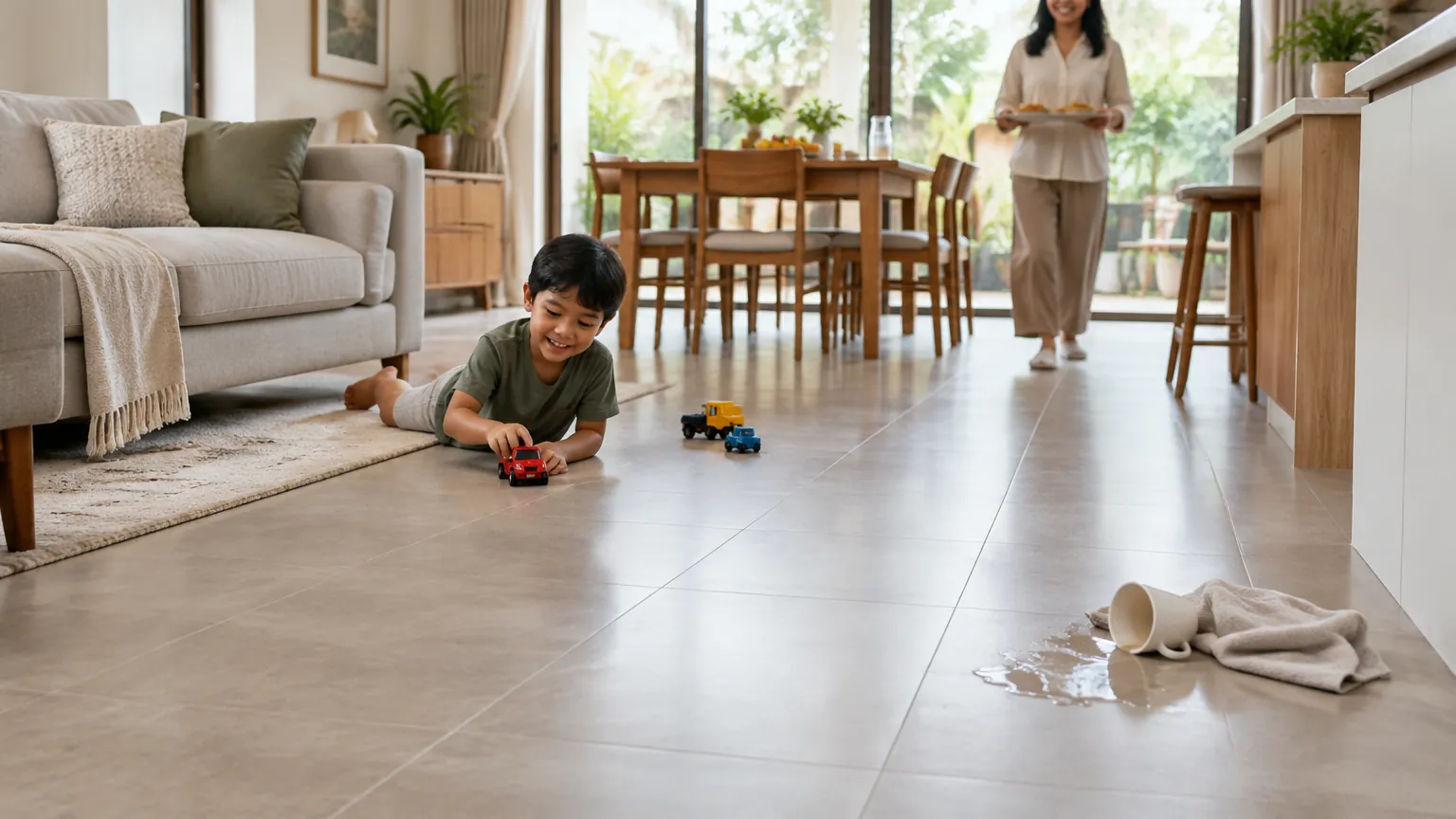 Anak bermain di lantai ruang keluarga dekat sofa