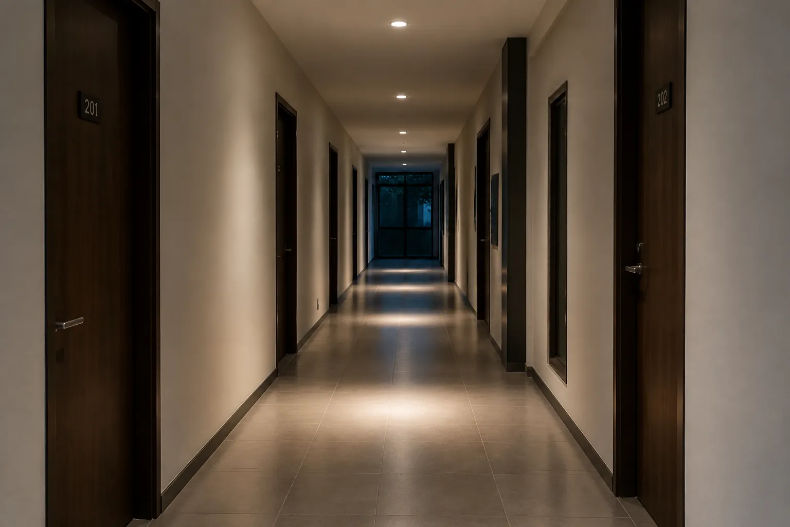Lorong panjang dengan deretan lampu plafon