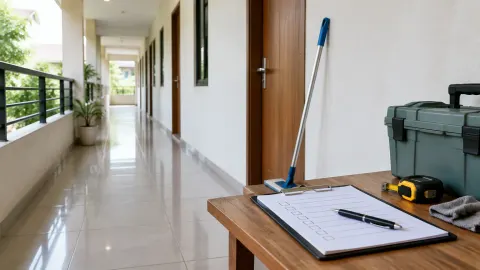 Alat pembersih dan catatan di dekat lorong rumah
