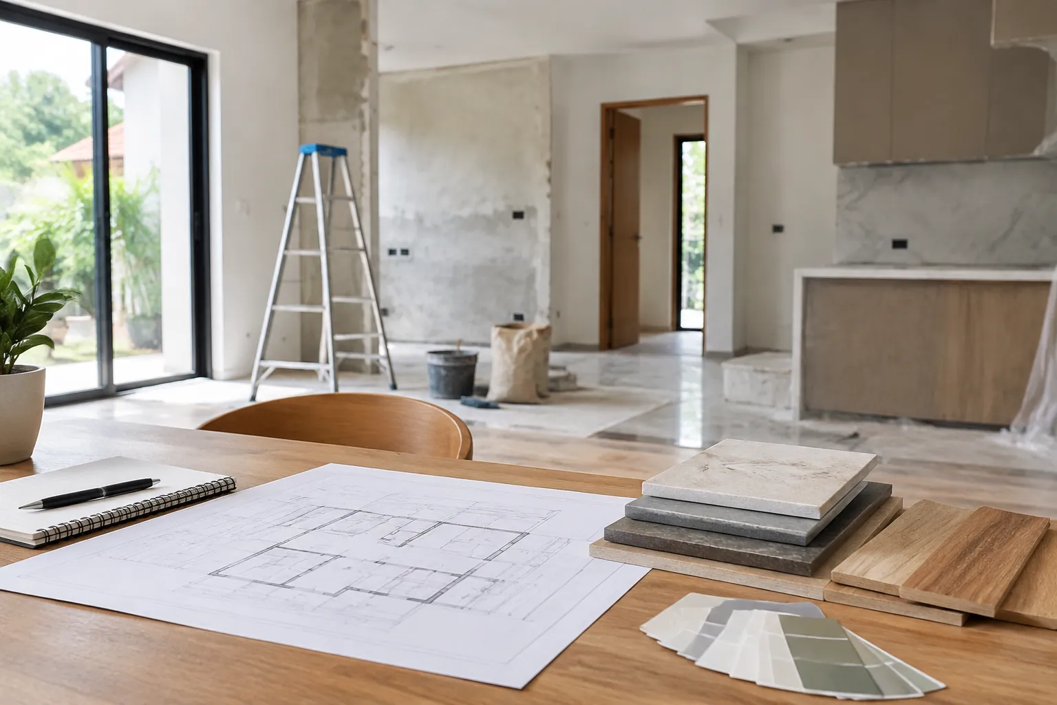 Ruang dalam renovasi dengan gambar denah dan contoh bahan di meja