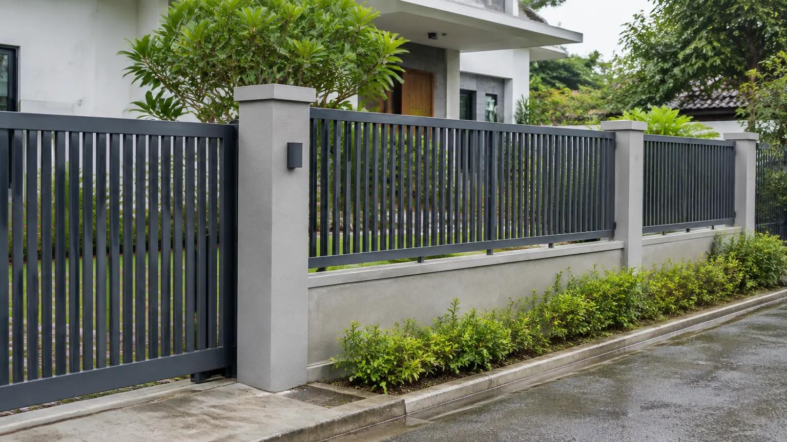 Pagar dan gerbang logam berwarna gelap di depan rumah