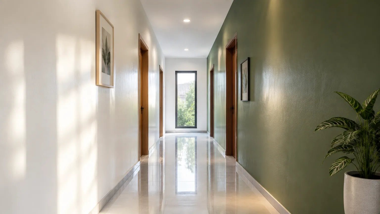 Lorong putih dengan dinding hijau gelap di satu sisi