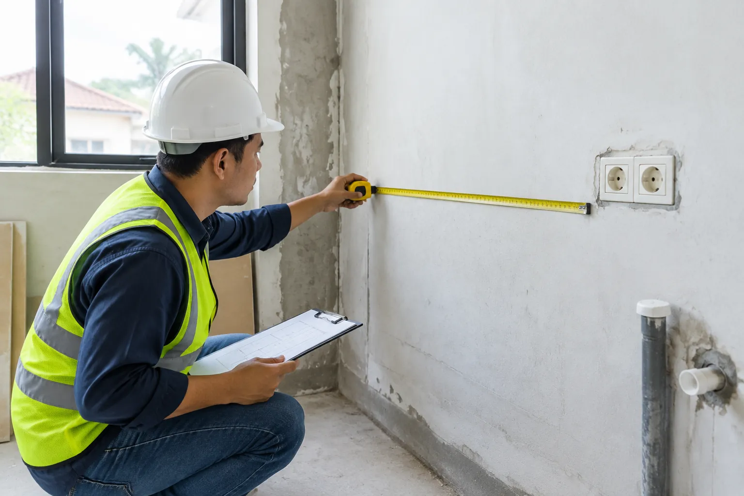 Pekerja mengukur dinding sebelum pekerjaan pelapis