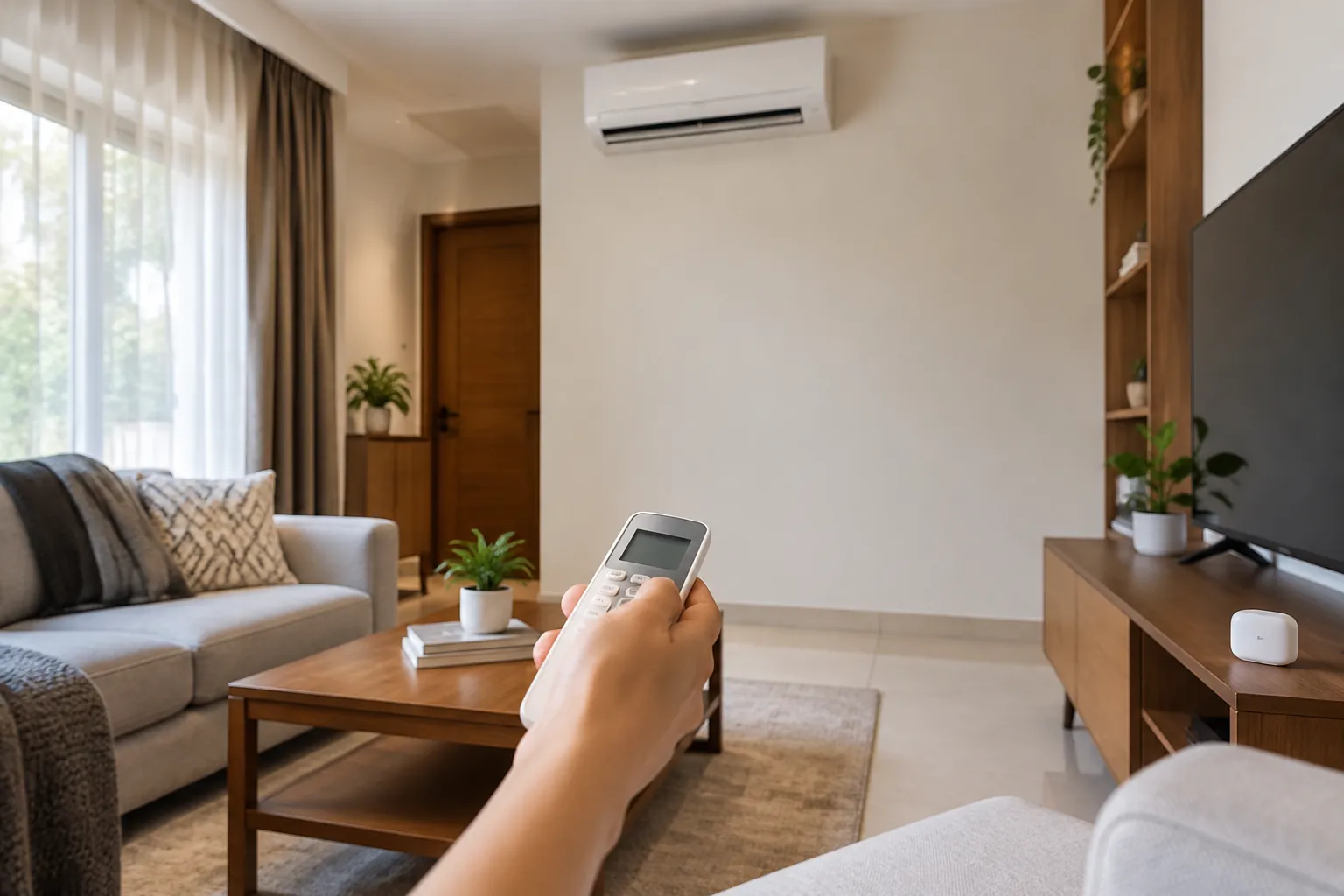 Penghuni menggunakan remote untuk mengatur AC ruang tamu