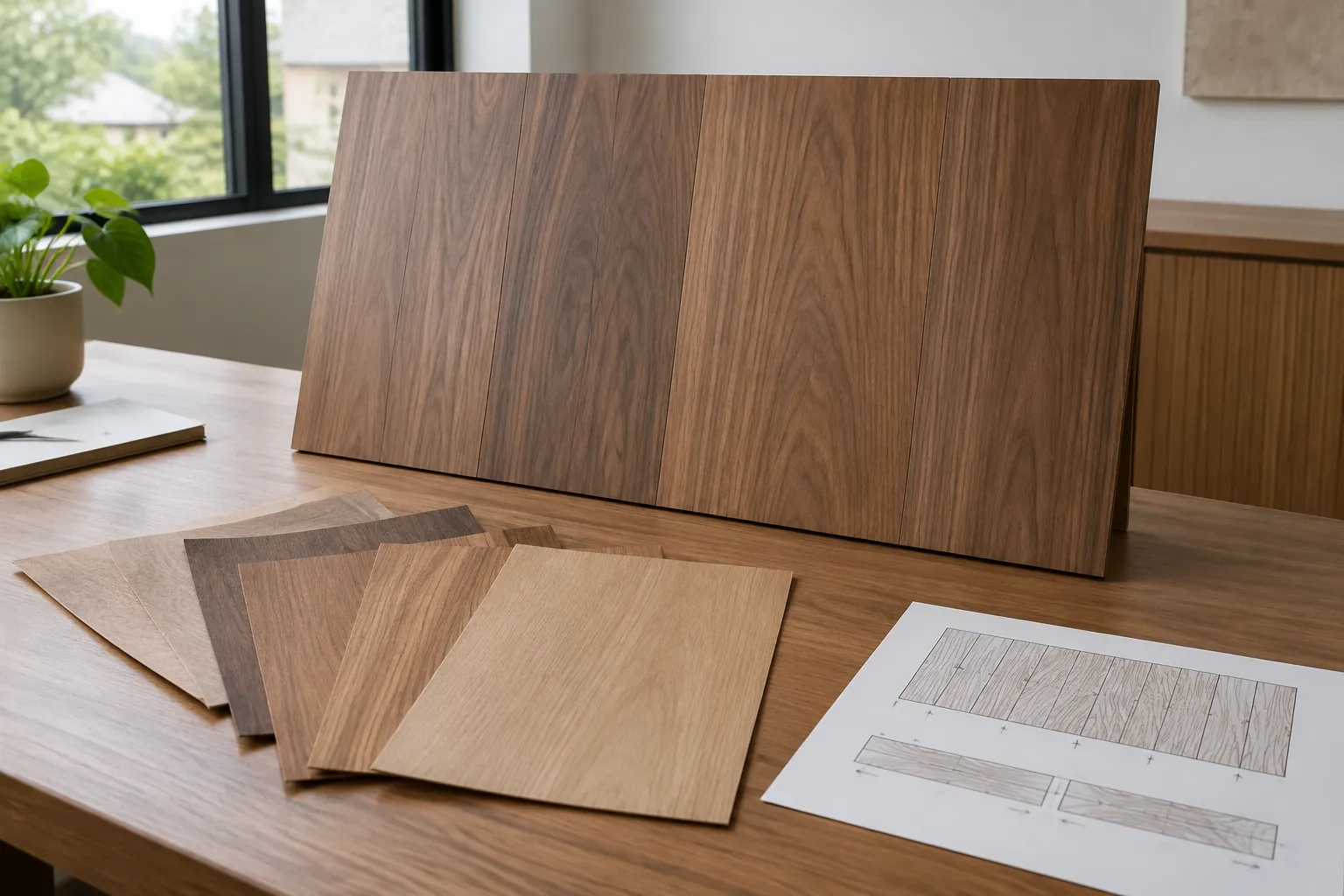 Contoh veneer dan papan furnitur dengan warna berbeda