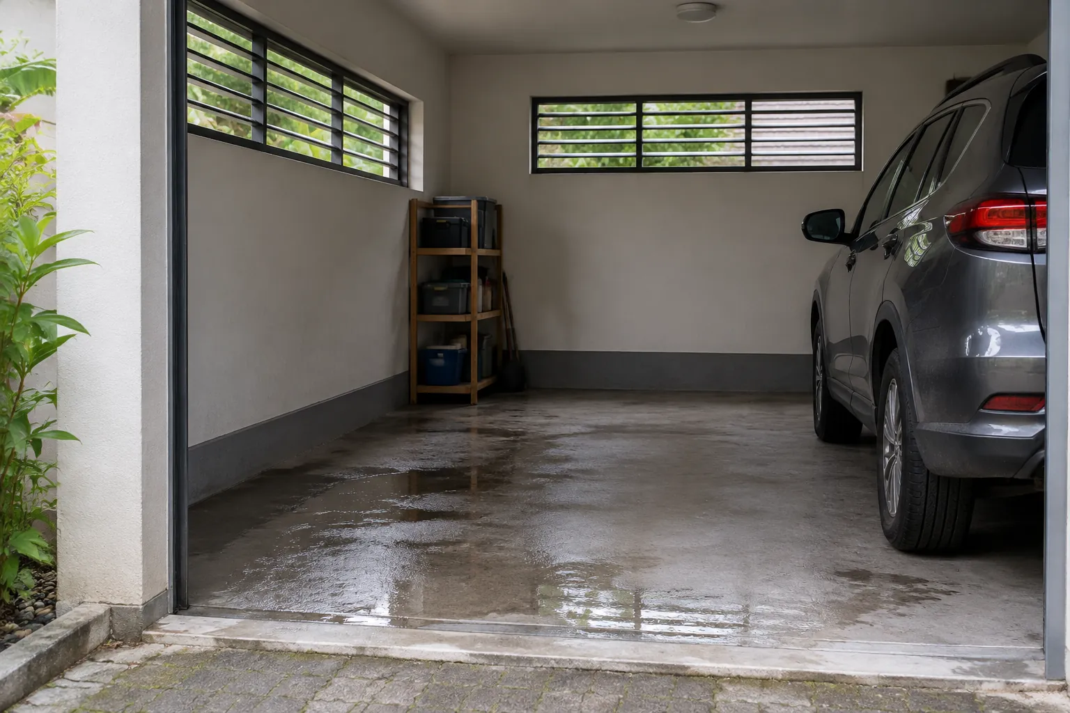 Lantai garasi basah dengan kisi ventilasi pada dinding
