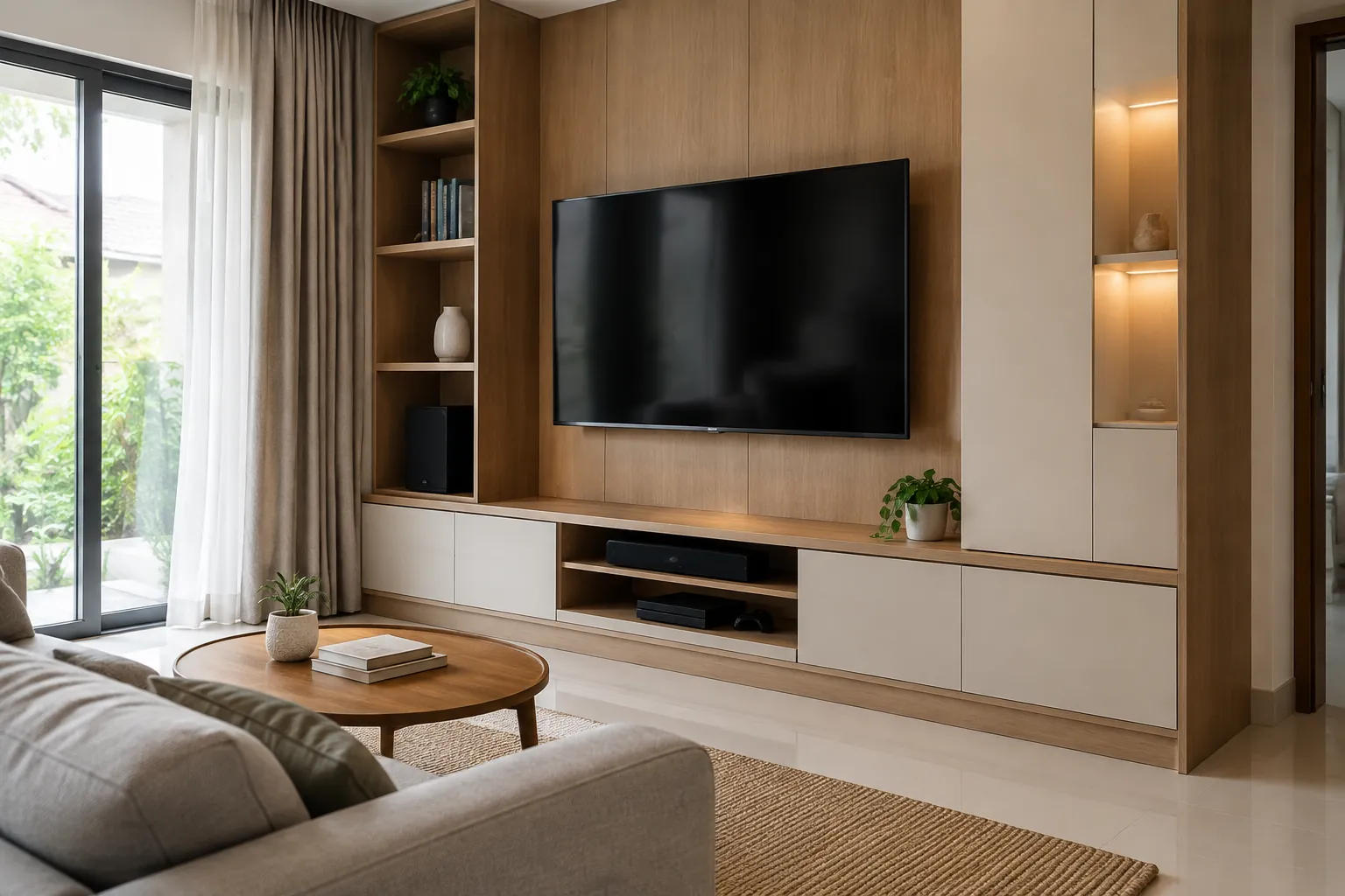 Rak dan kabinet menyatu dengan dinding televisi