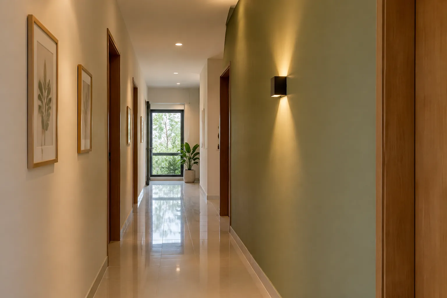 Dinding lorong hijau dengan lampu dan lukisan