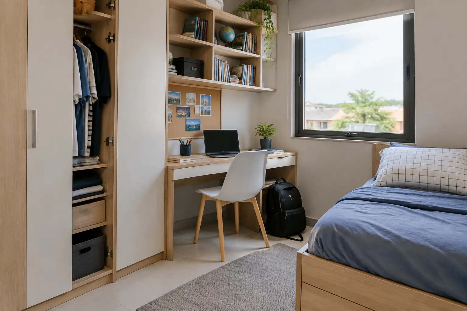 Kamar remaja dengan meja dan lemari di sisi tempat tidur