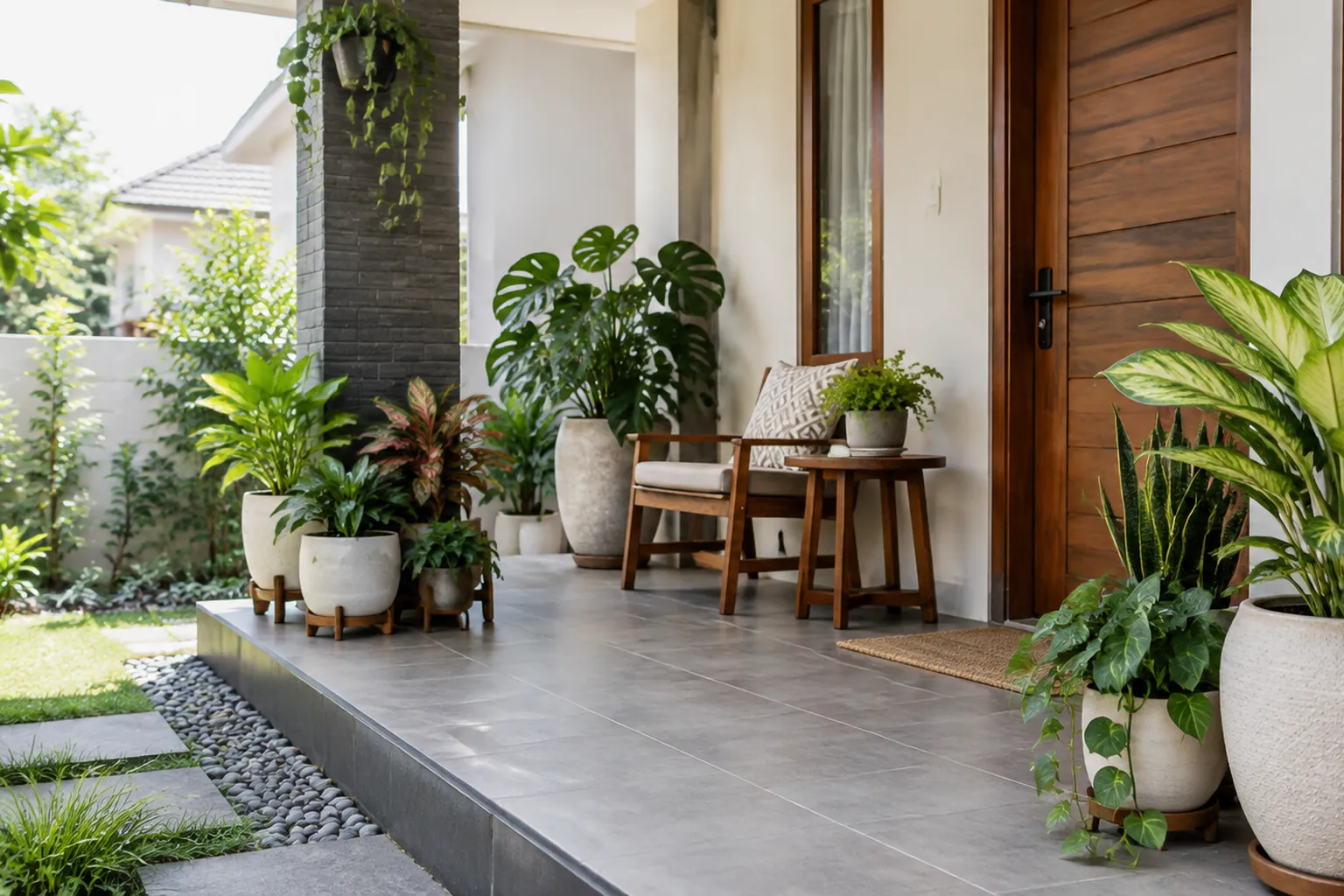 Tanaman hias dalam pot di teras depan rumah