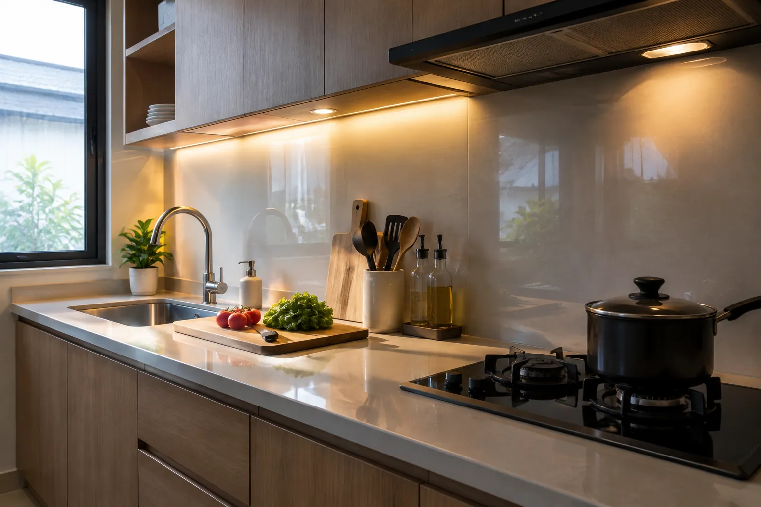 Meja dapur dengan lampu kabinet, kompor, dan jendela samping
