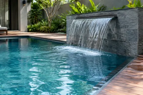 Air terjun dinding mengalir ke kolam renang
