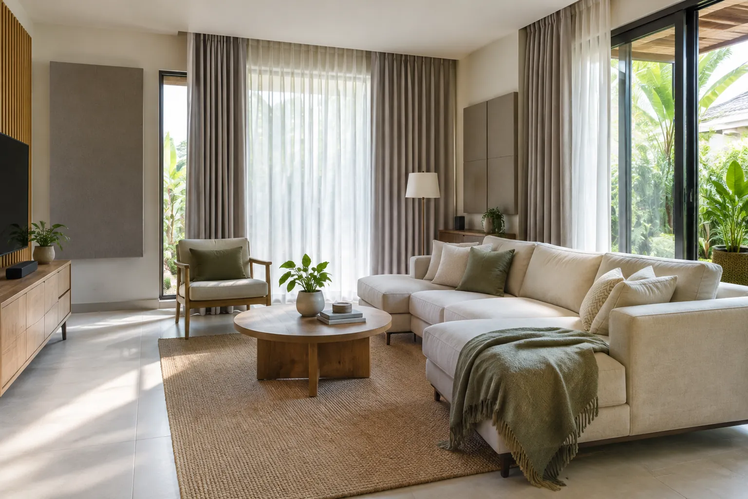 Ruang keluarga dengan sofa dan furnitur tertata.