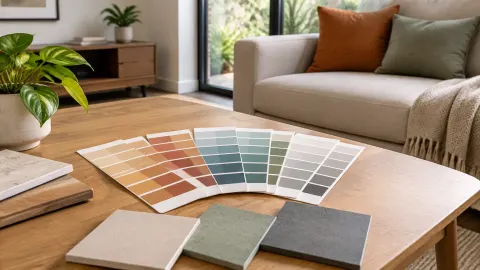 Sampel warna tersusun di depan sofa ruang keluarga