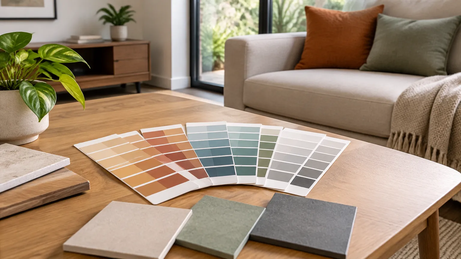 Sampel warna tersusun di depan sofa ruang keluarga