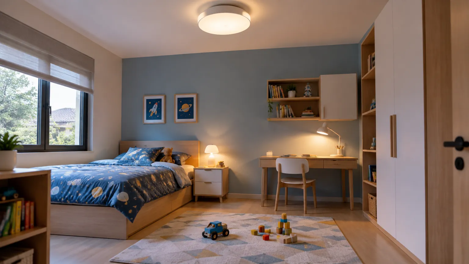 Kamar anak dengan lampu plafon di atas area tidur dan belajar