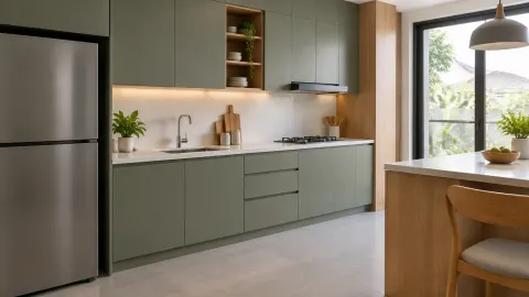 Kitchen set hijau muda dengan meja kerja terang