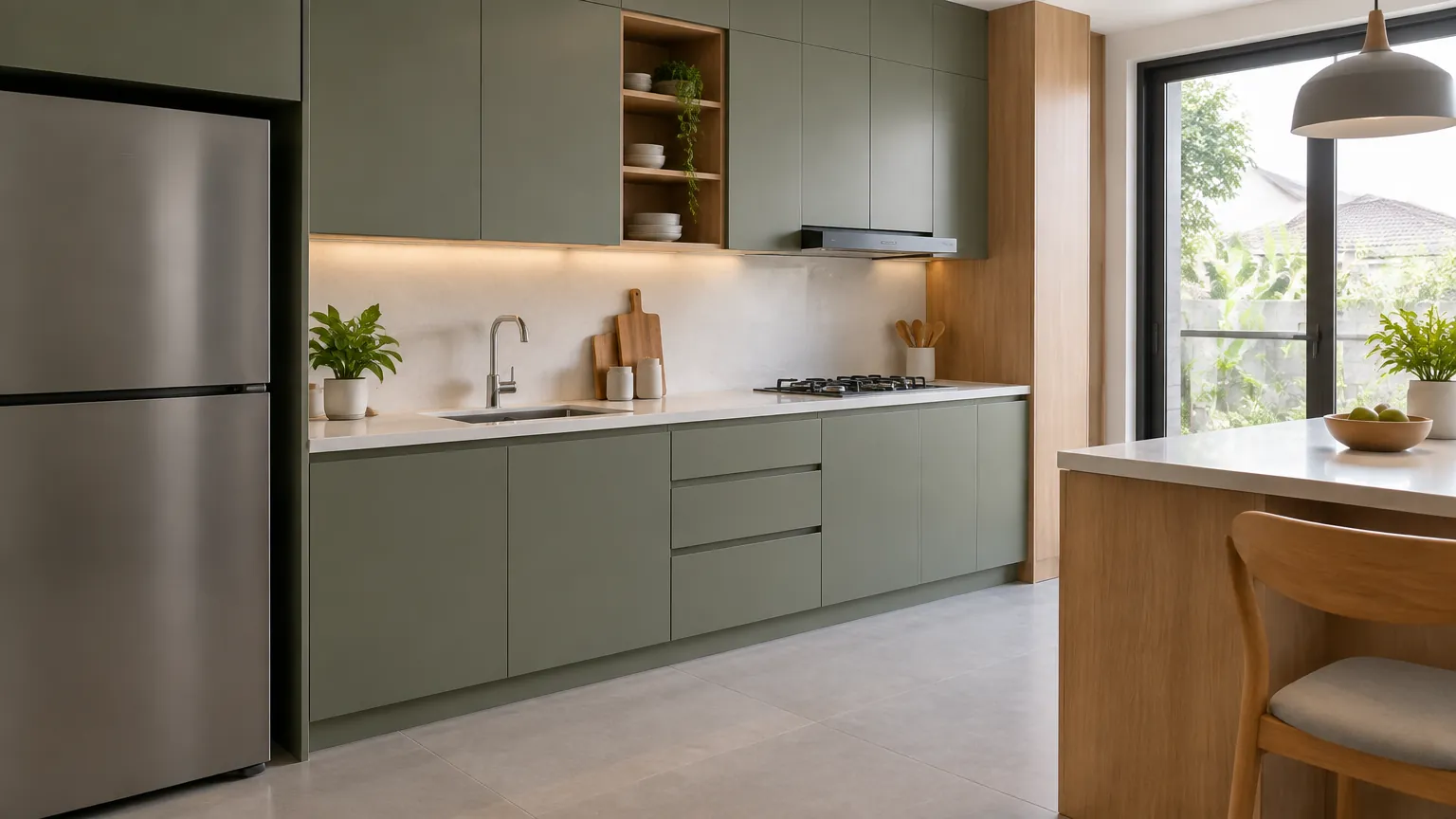 Kitchen set hijau muda dengan meja kerja terang