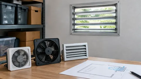 Kisi dan kipas ventilasi pada dinding gudang