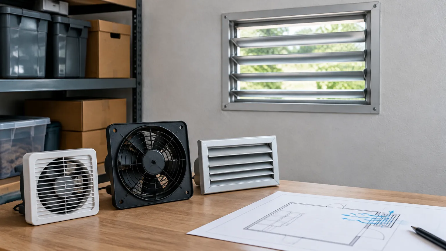 Kisi dan kipas ventilasi pada dinding gudang