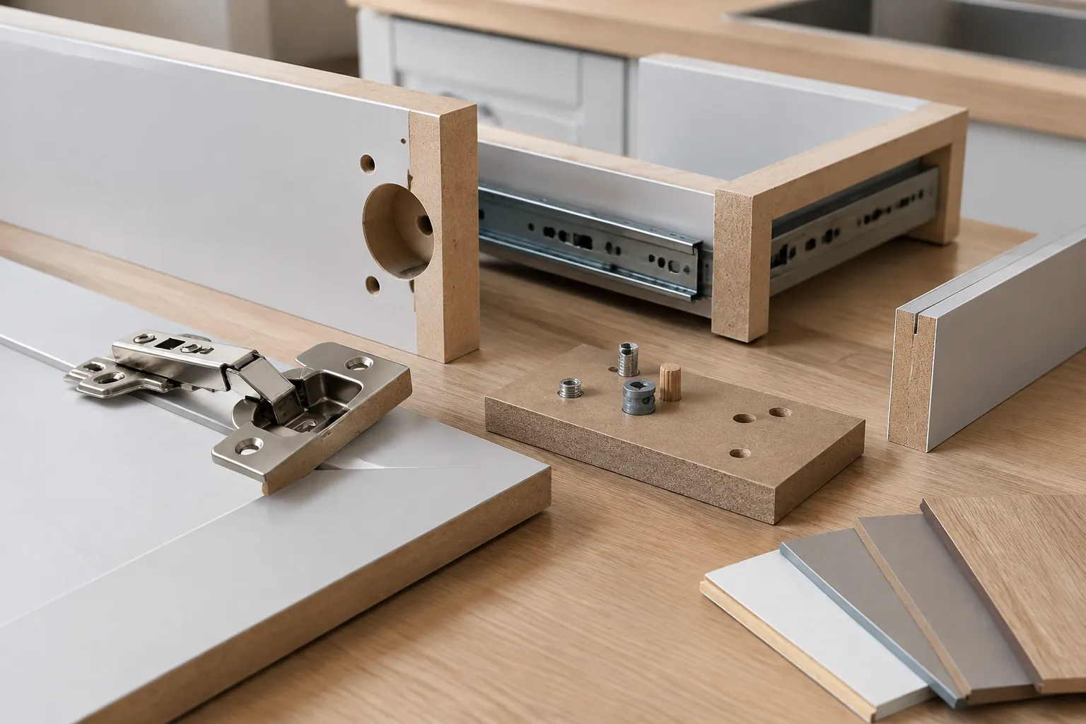 Rel laci, engsel, dan panel MDF untuk kitchen set di meja