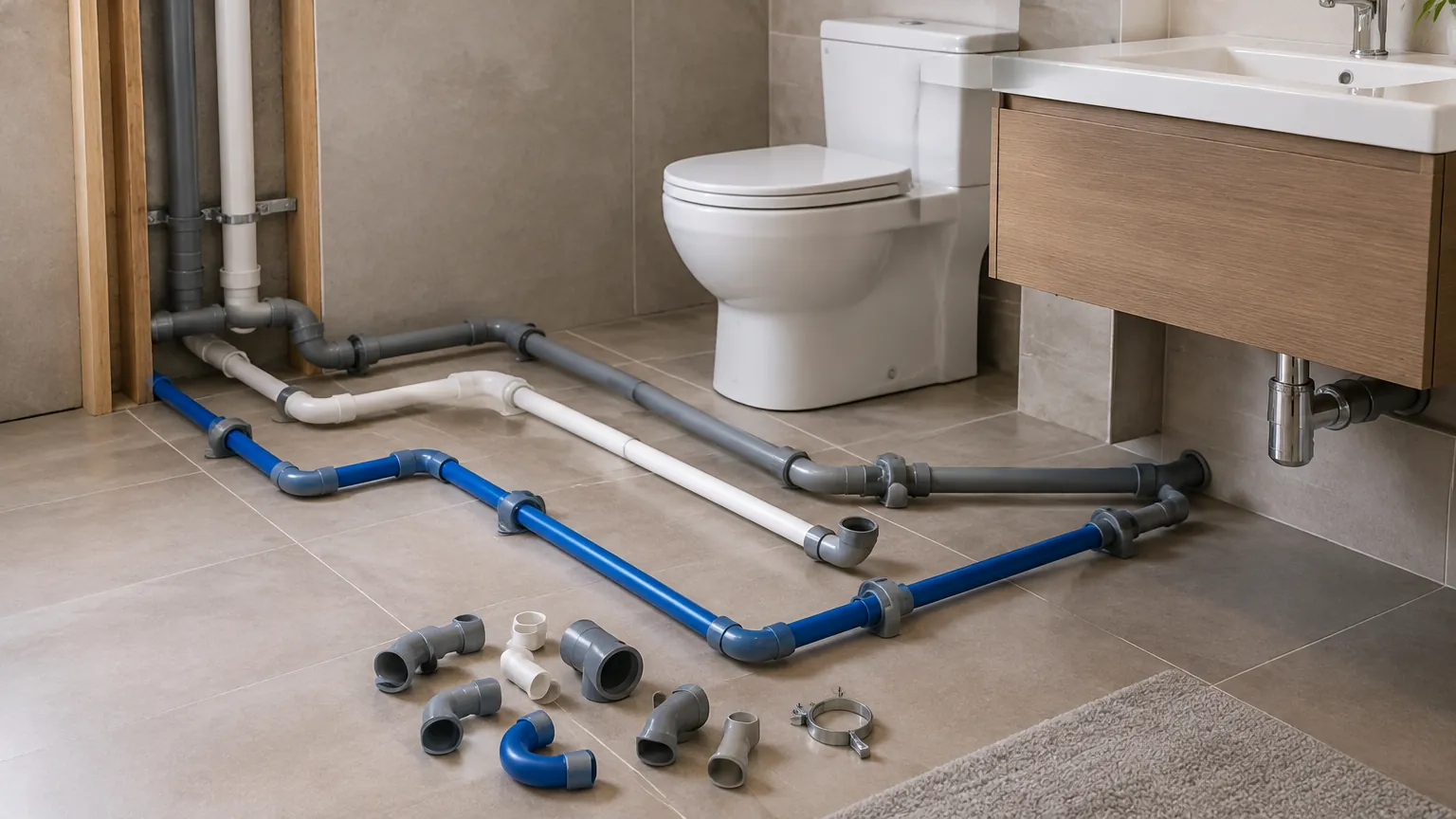 Cabang pipa toilet dan wastafel terlihat pada ruang kerja