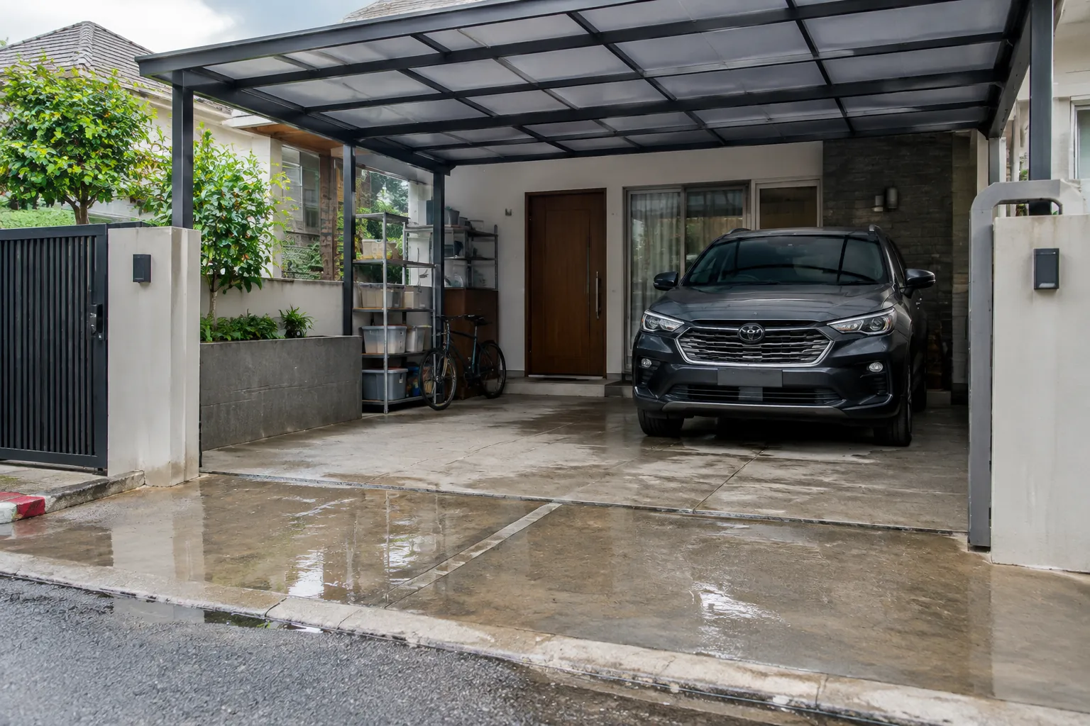 Air hujan menggenang di depan carport dan dekat akses kendaraan