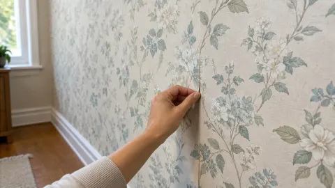Tangan memeriksa sambungan wallpaper motif bunga