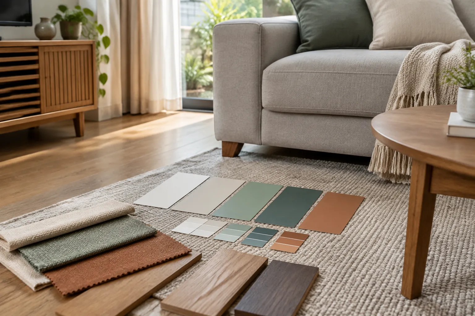 Sampel warna lantai dan cat di dekat sofa