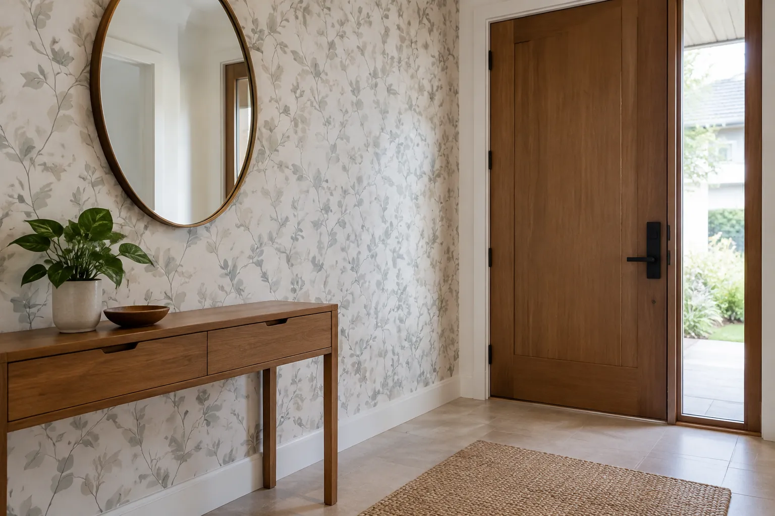 Wallpaper bermotif tumbuhan di dinding dekat pintu foyer