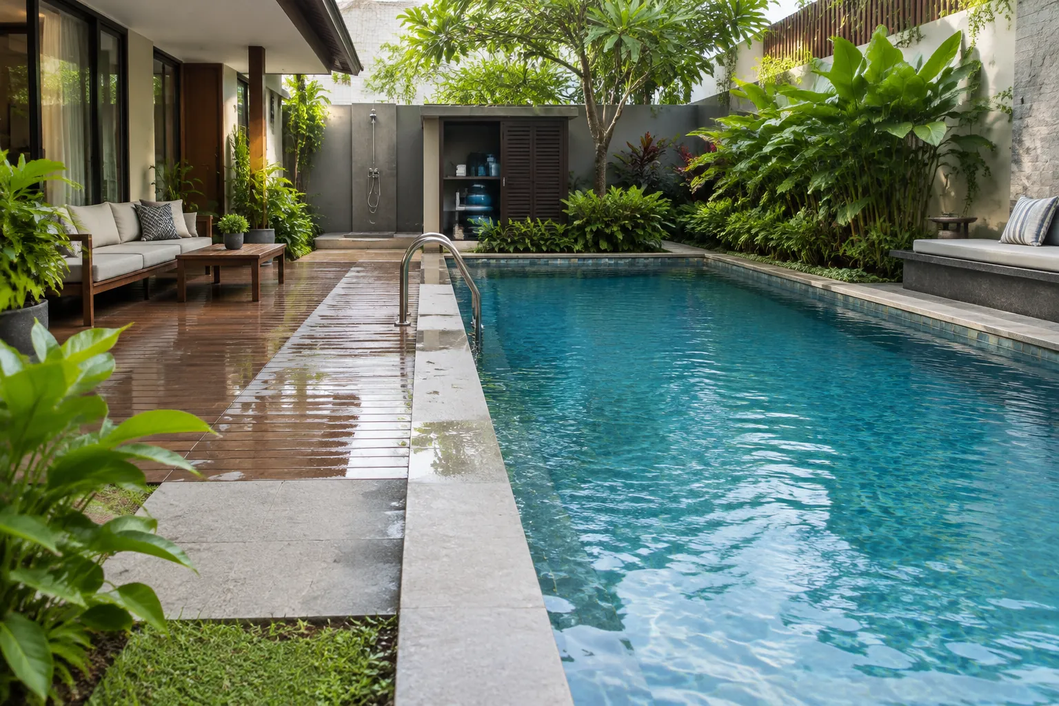 Tanaman hias di tepi dek kolam renang