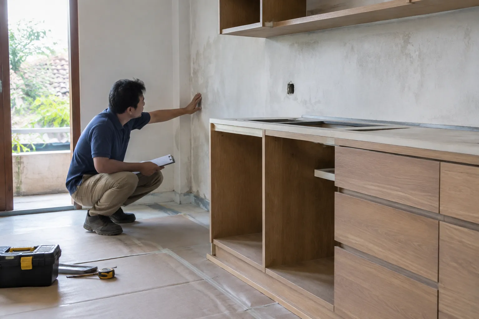 Pekerja memeriksa kabinet dapur yang sedang dipasang