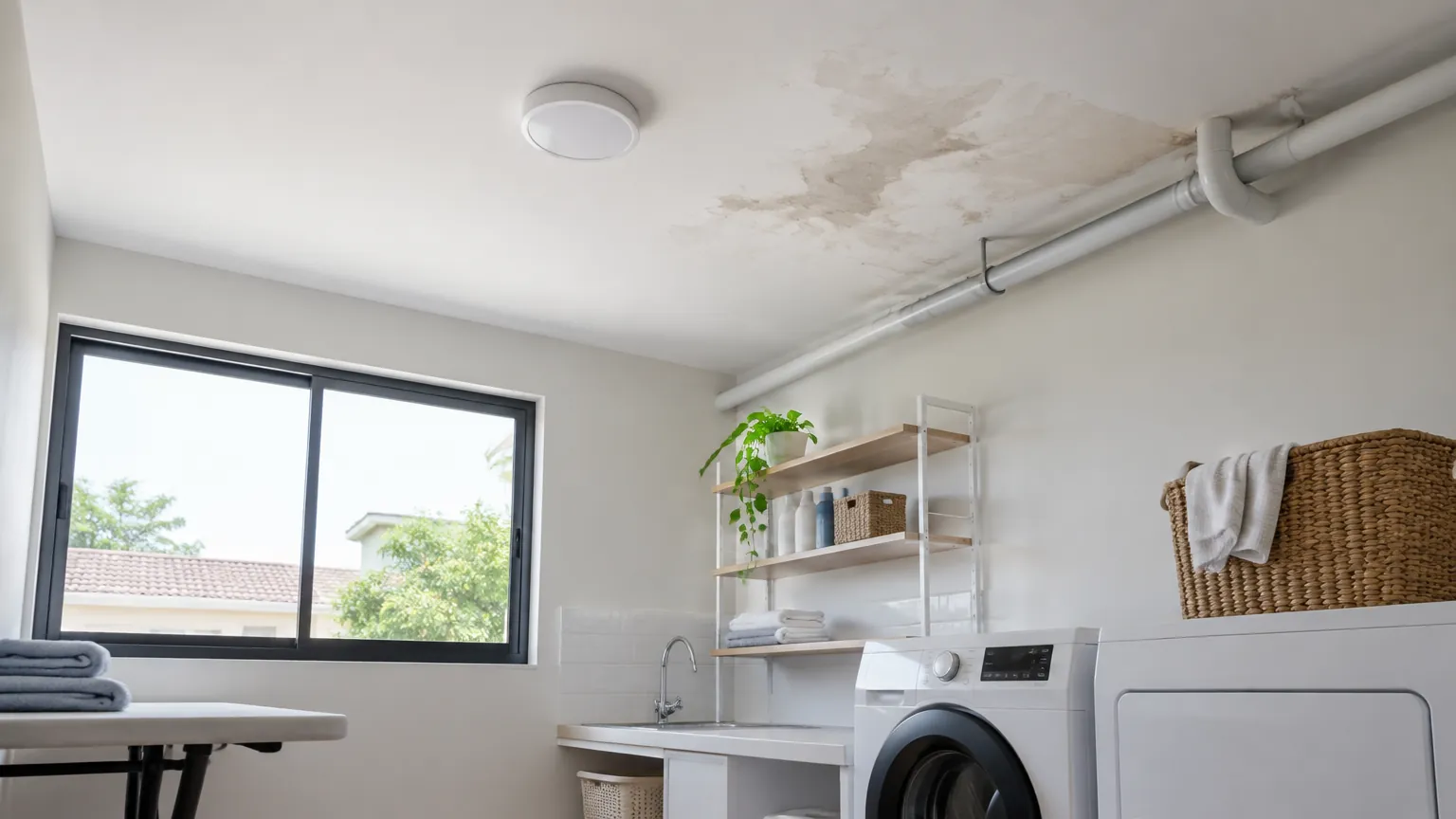 Ruang laundry dengan noda air pada plafon