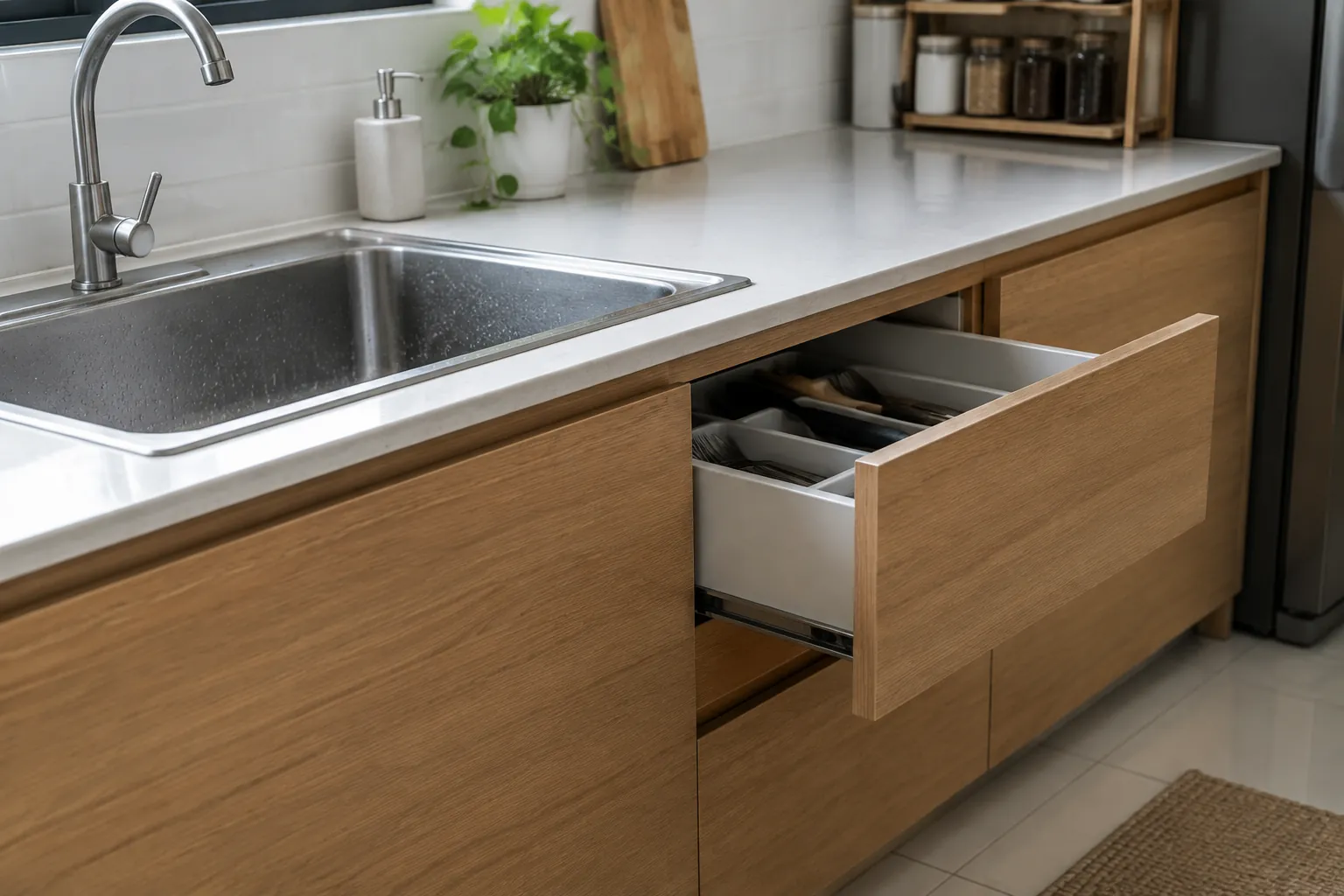 Laci kitchen set terbuka di samping bak cuci